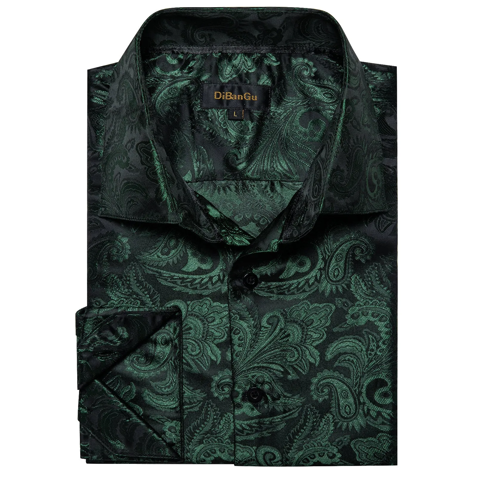 DiBanGu Shirts for Men Green Floral Silk Men's Long Sleeve Shirt