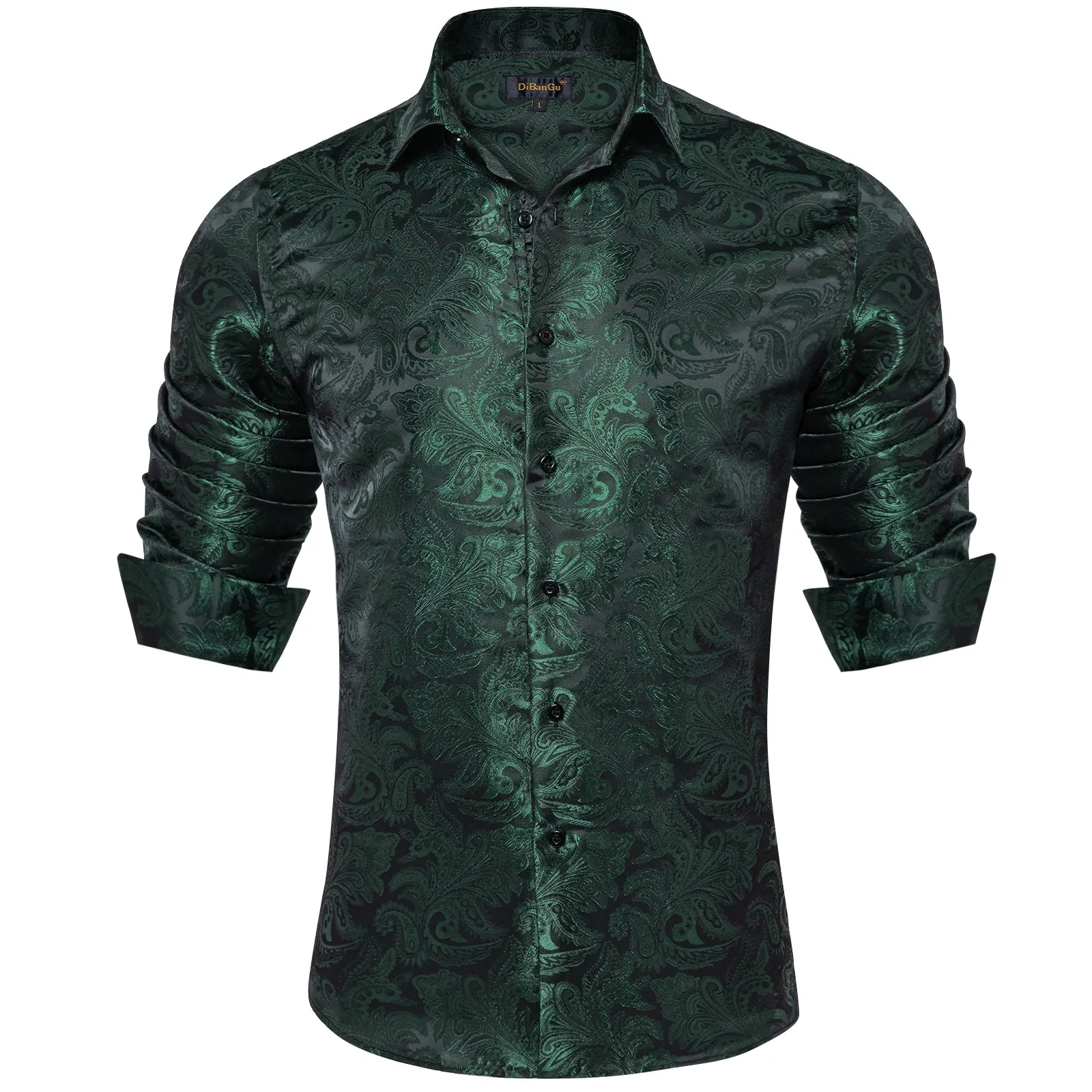 DiBanGu Shirts for Men Green Floral Silk Men's Long Sleeve Shirt