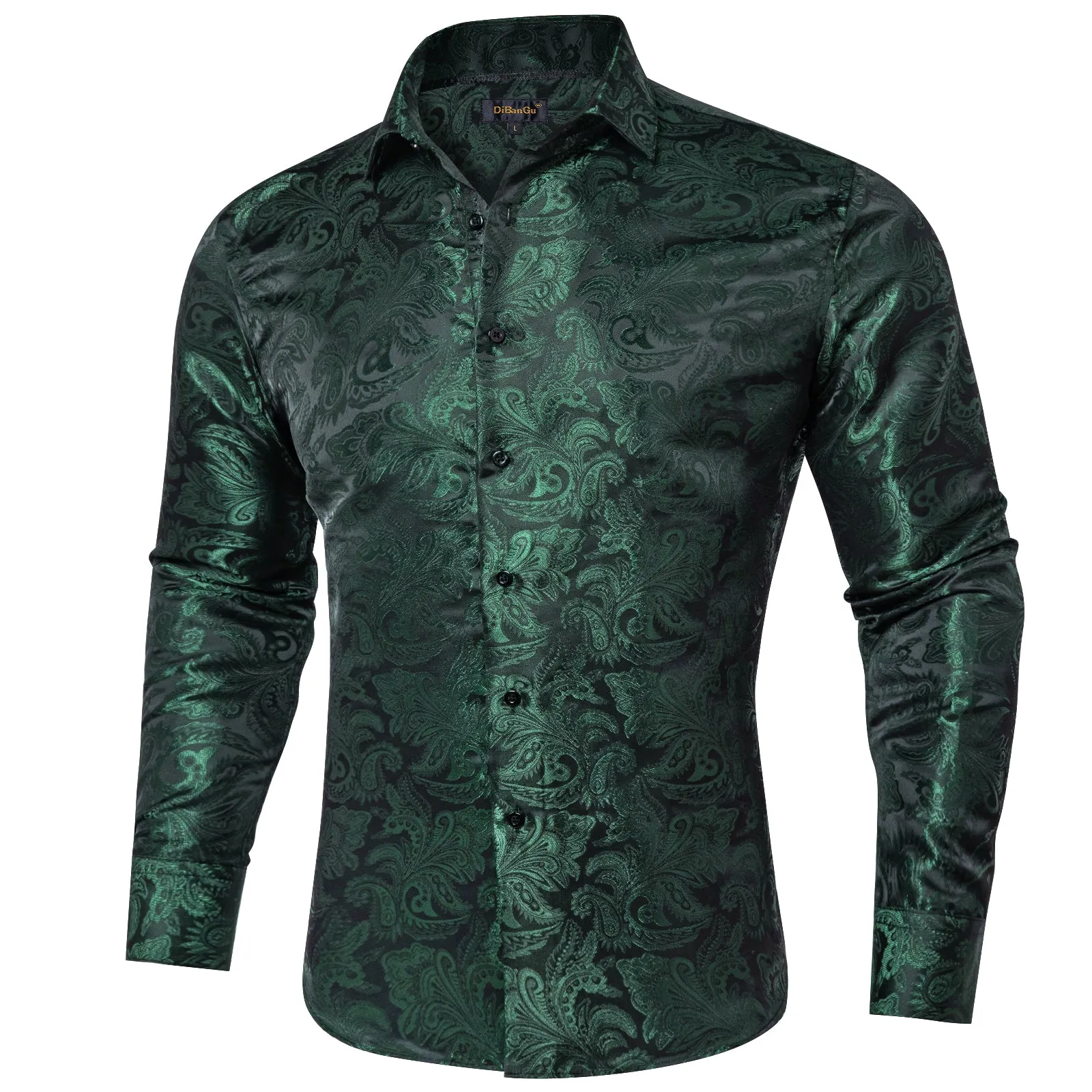 DiBanGu Shirts for Men Green Floral Silk Men's Long Sleeve Shirt