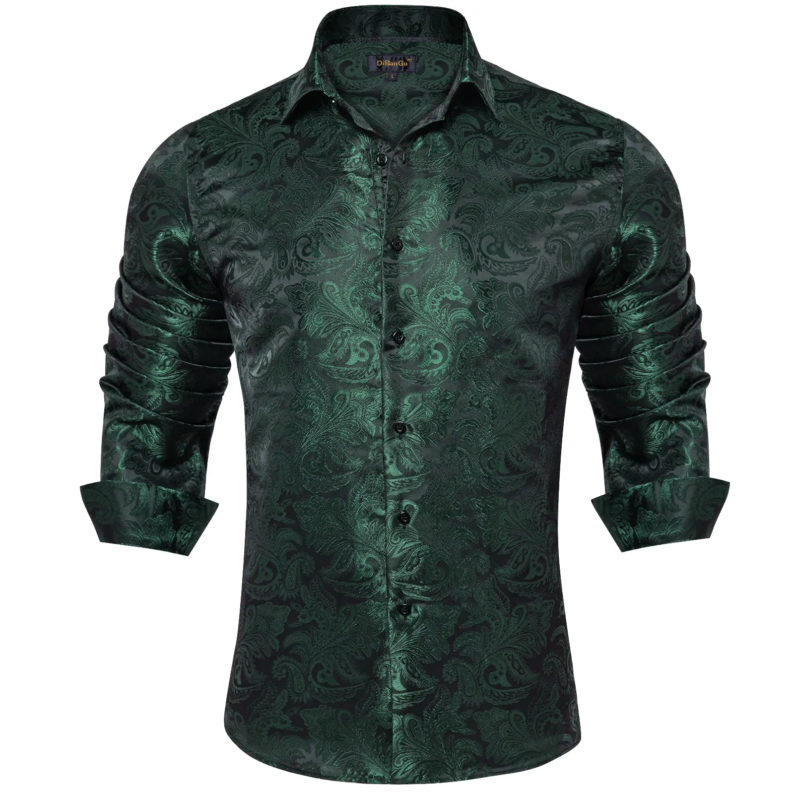 DiBanGu Shirts for Men Green Floral Silk Men's Long Sleeve Shirt