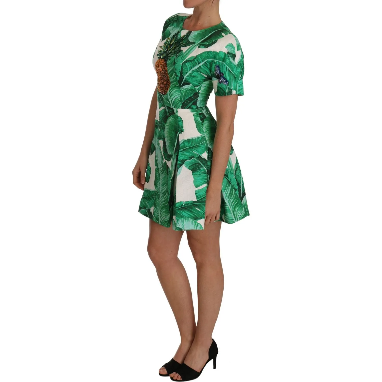 Dolce & Gabbana Elegant Green Banana Leaf Print A-Line Dress