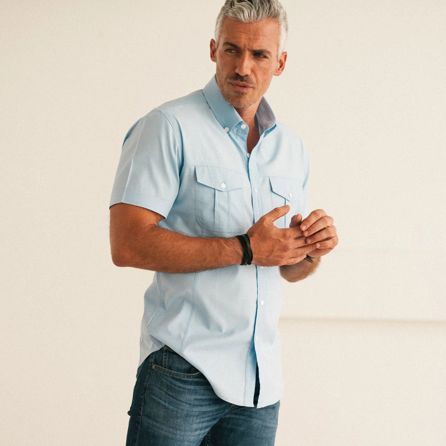 Editor Short Sleeve Utility Shirt – Clean Blue Mercerized Cotton