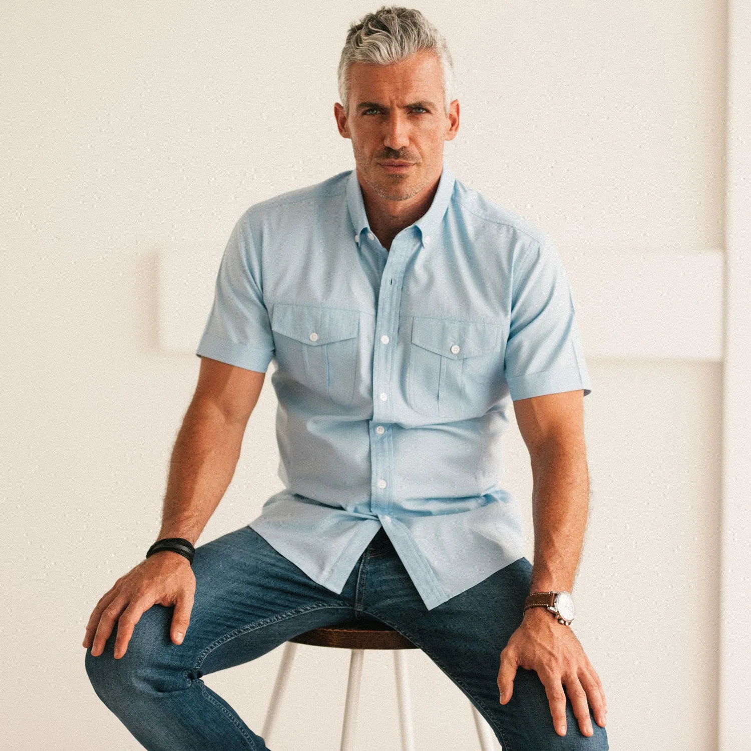 Editor Short Sleeve Utility Shirt – Clean Blue Mercerized Cotton