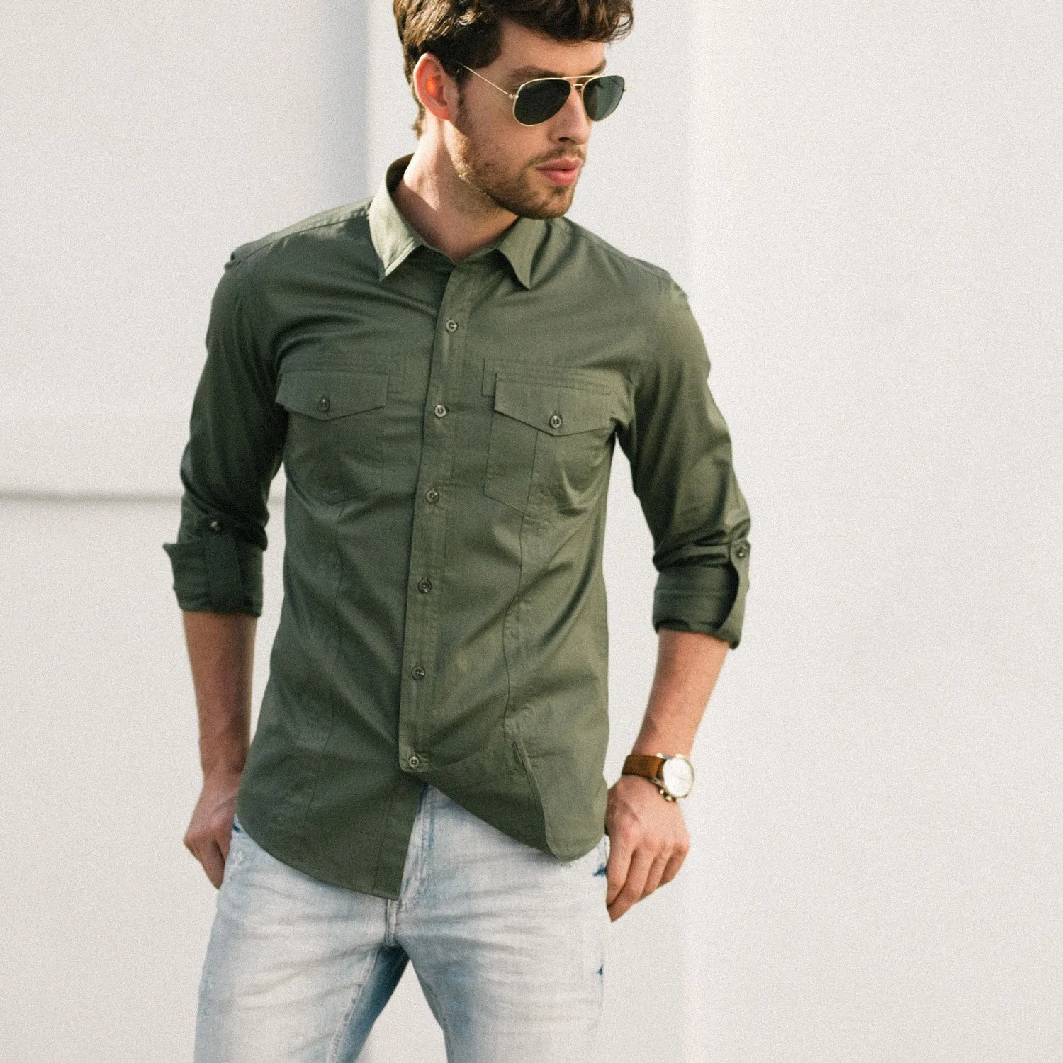 Explorer Utility Shirt – Olive Green Cotton Twill