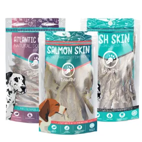 Fish Treat Combo Pack for Dogs - Cod Skin Rolls, Salmon Skin, and Whole Capelin