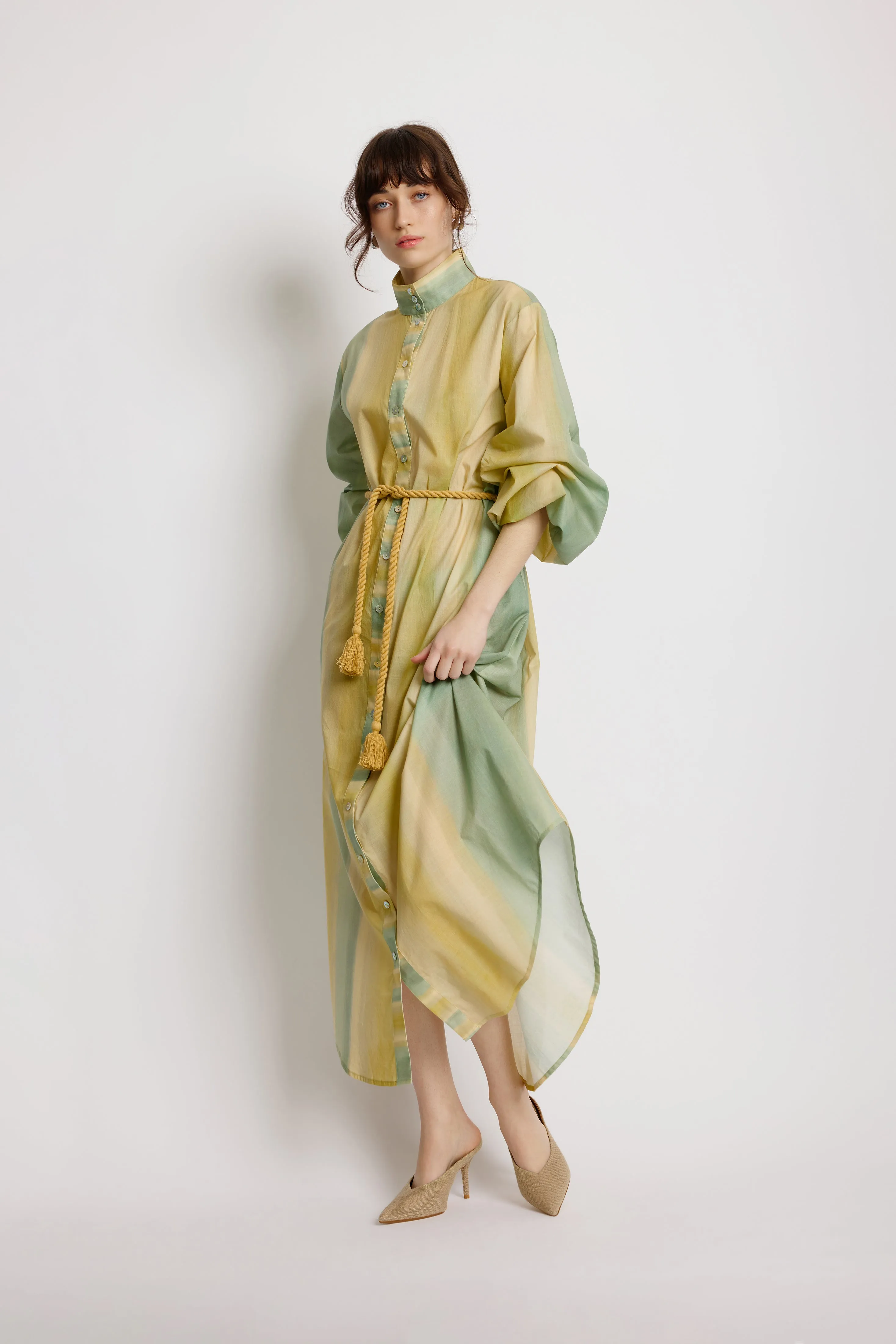 Foliage Shirt Dress - Leaf Green Stripe