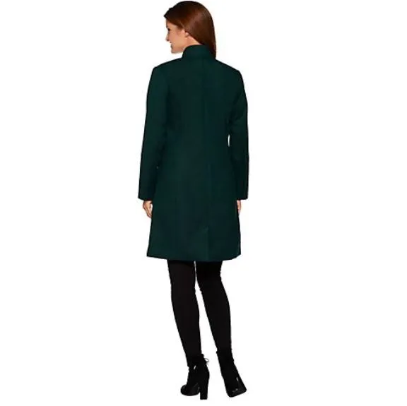 H by Halston Knee Length Snap Front Coat with Notch Colla, Size 10, Dark Emerald