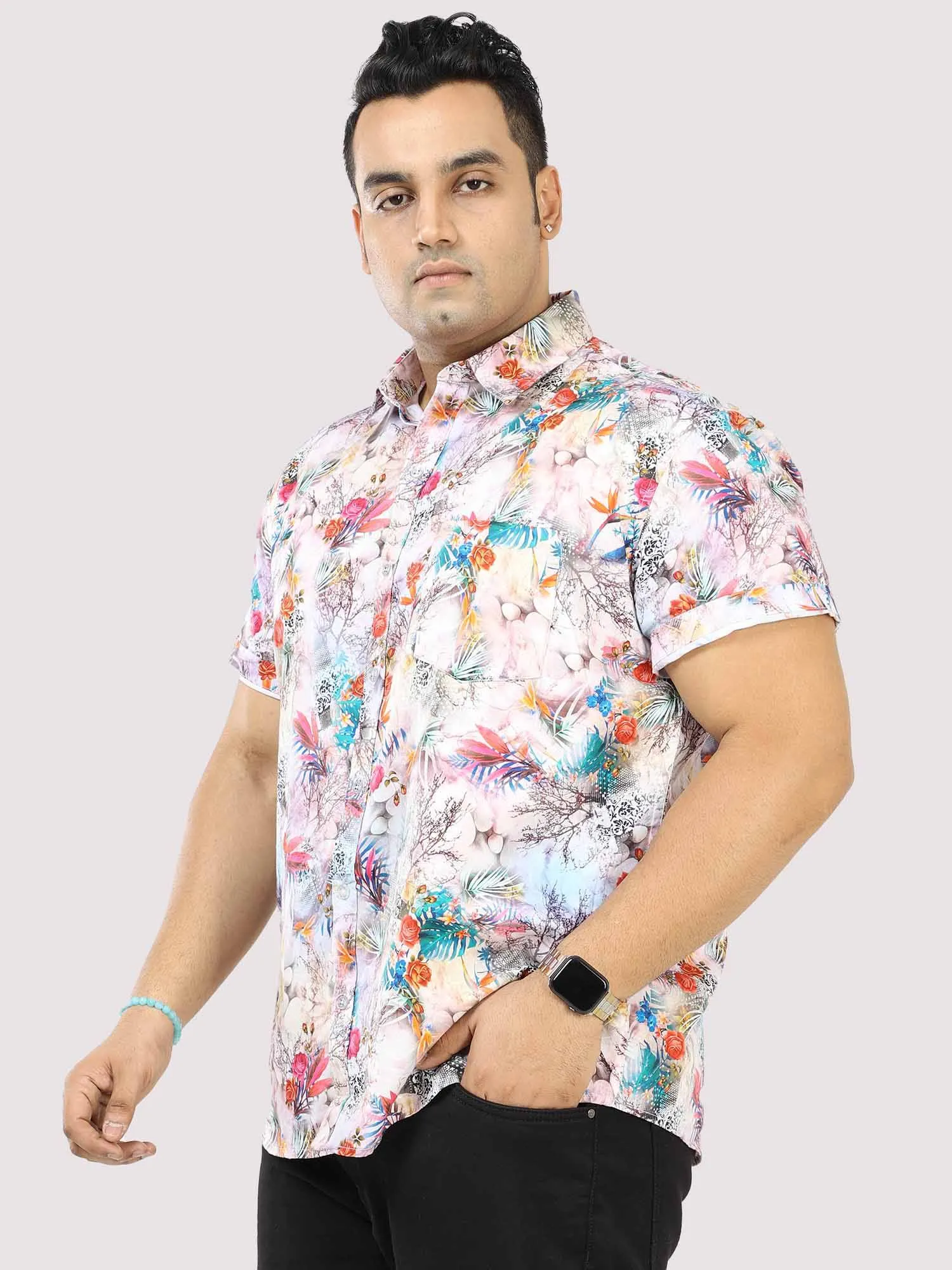 Hibiscus Tropic Digital Printed Half Sleeve Shirt Men's Plus Size