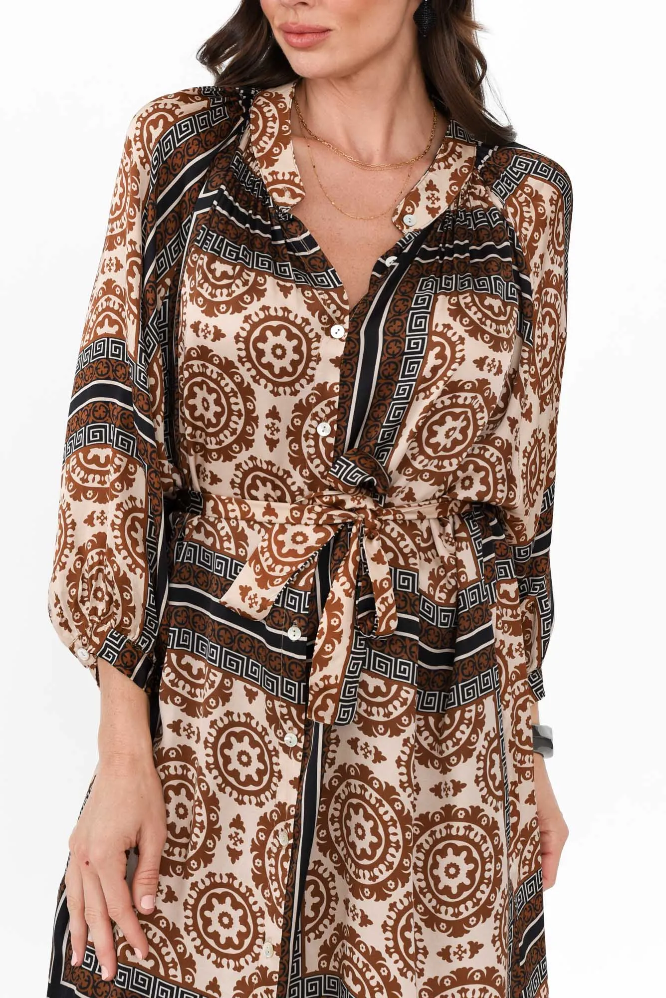 Hills Brown Geo Silk Blend Dress