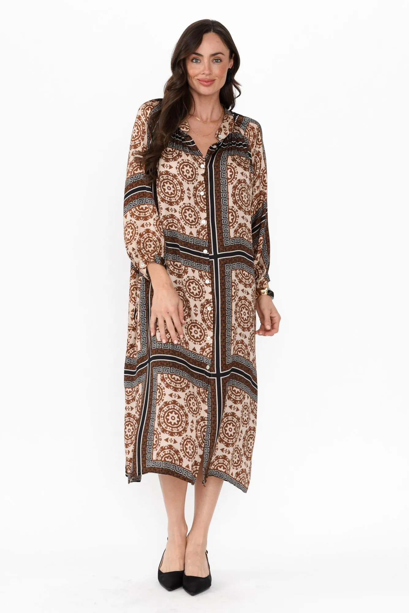 Hills Brown Geo Silk Blend Dress