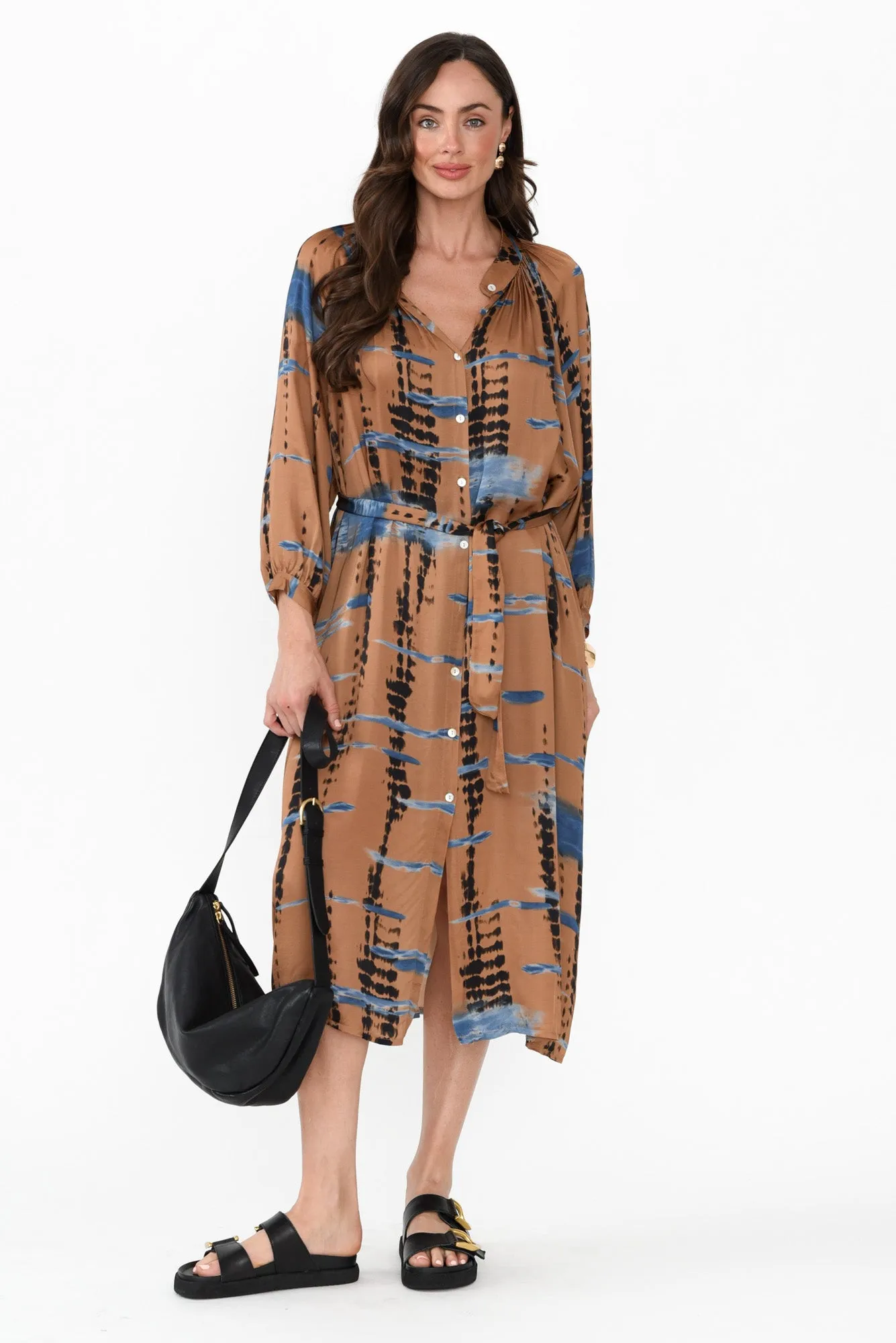 Hills Tan Abstract Silk Blend Dress