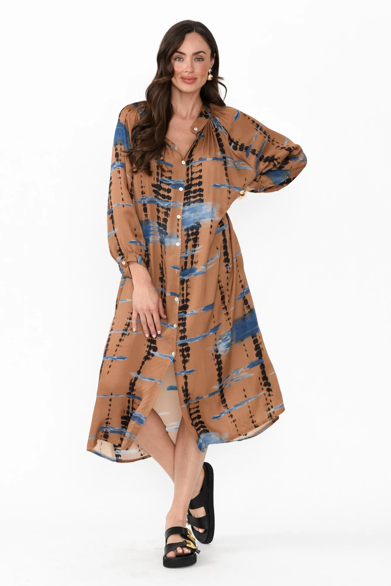 Hills Tan Abstract Silk Blend Dress