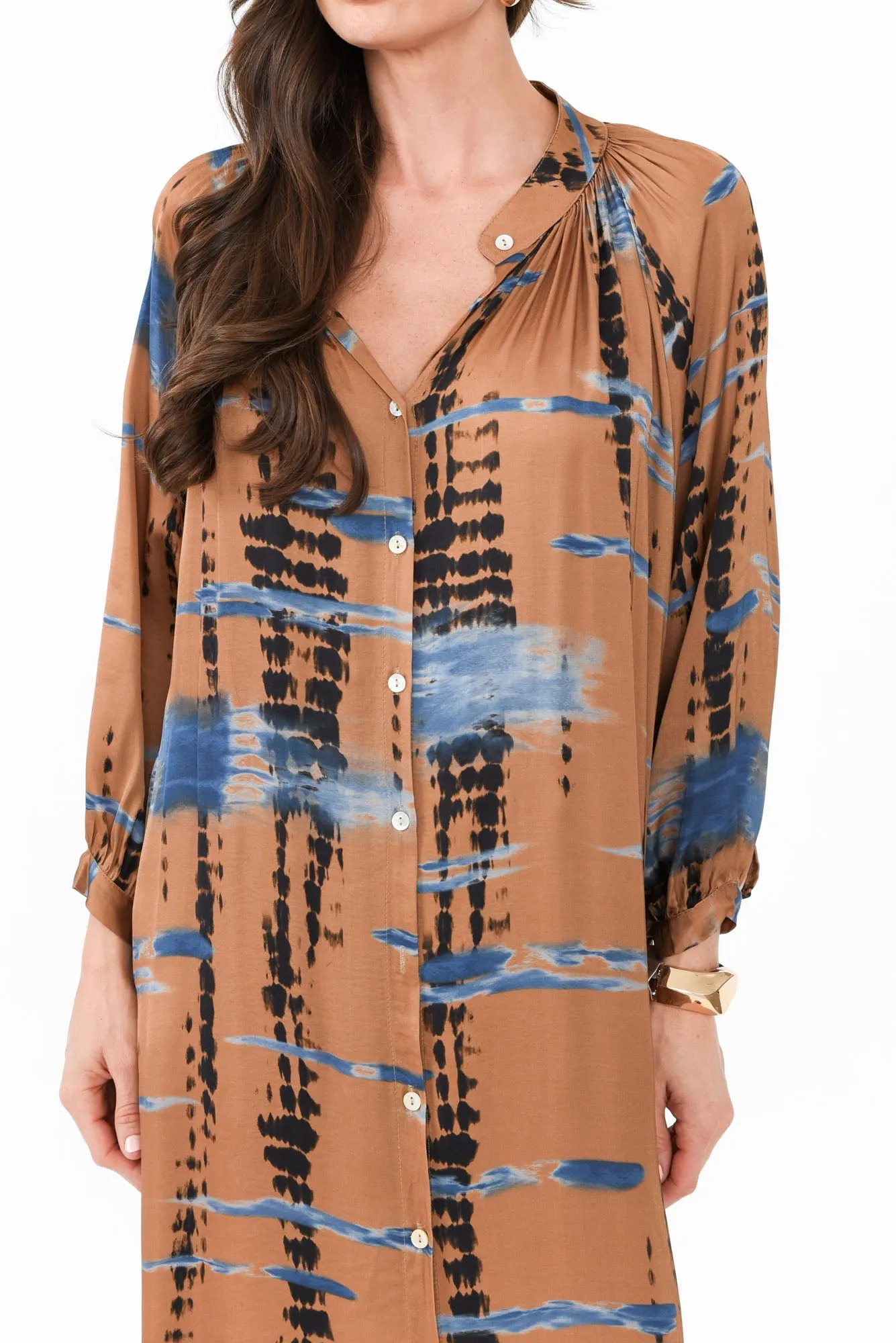 Hills Tan Abstract Silk Blend Dress