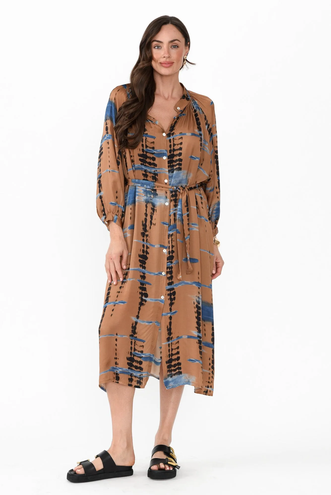 Hills Tan Abstract Silk Blend Dress