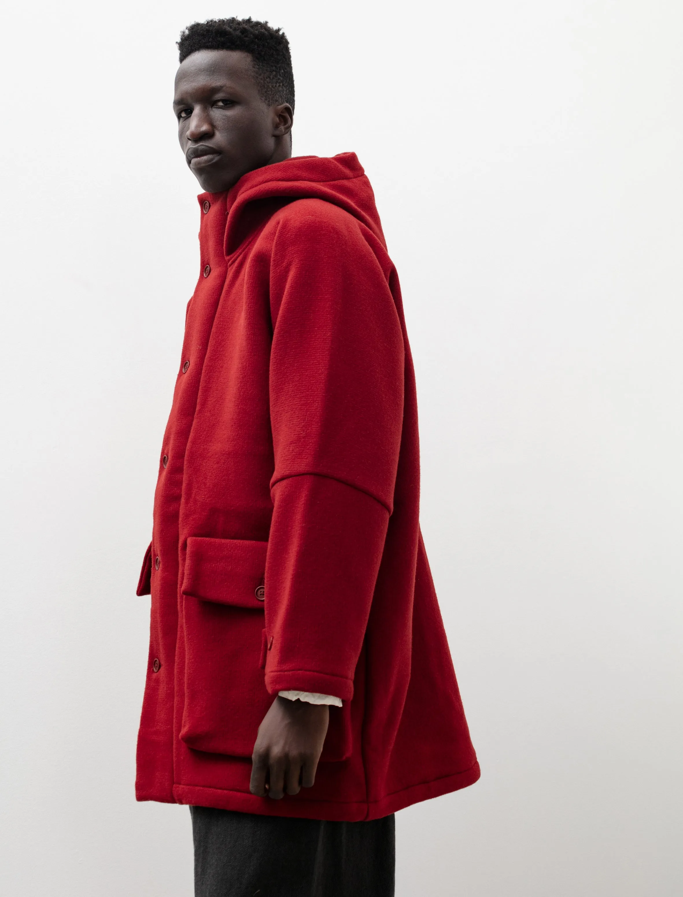 Hooded Coat Heavy Wool Duffle Red