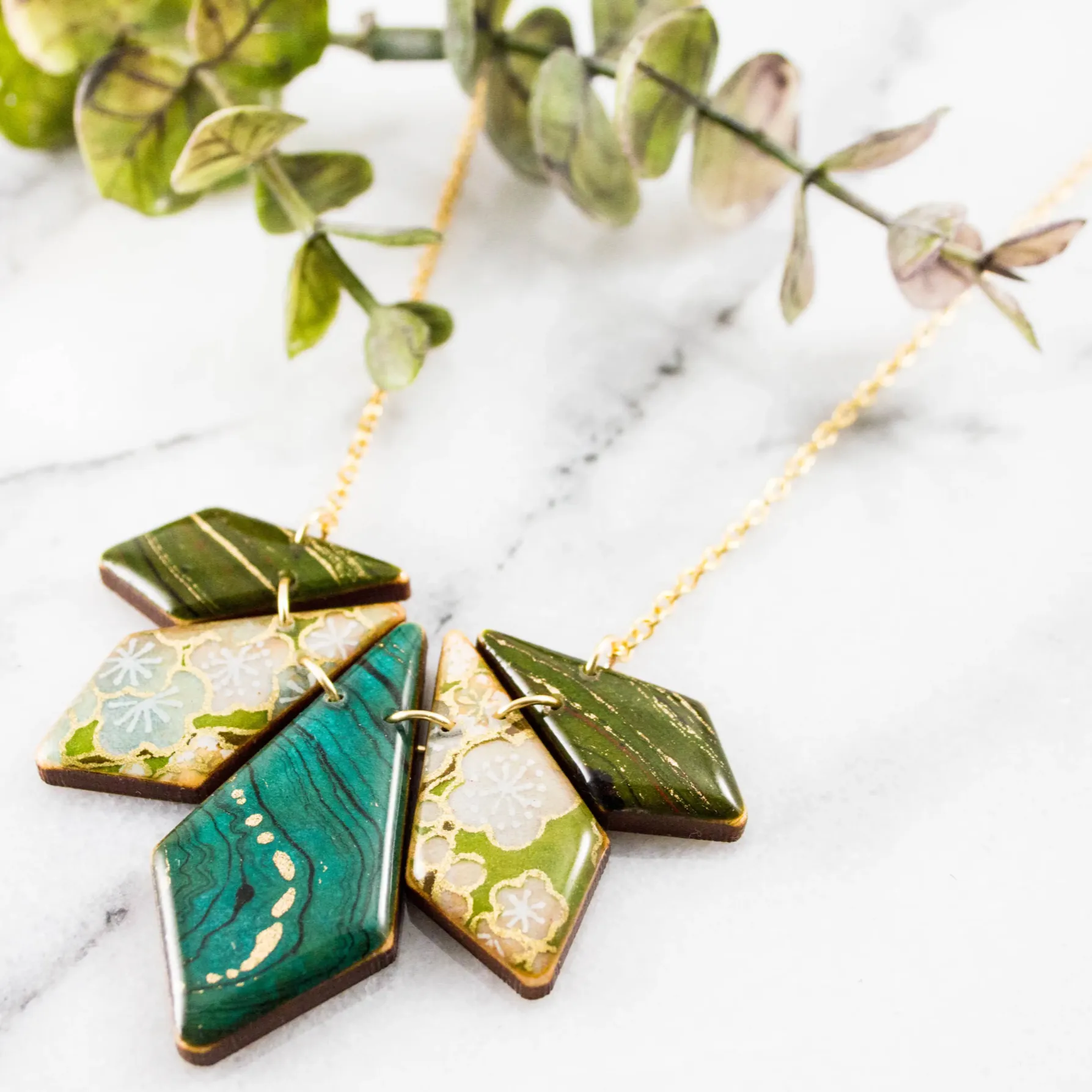 Japanese Geometric Petal Necklace - Turquoise   Green