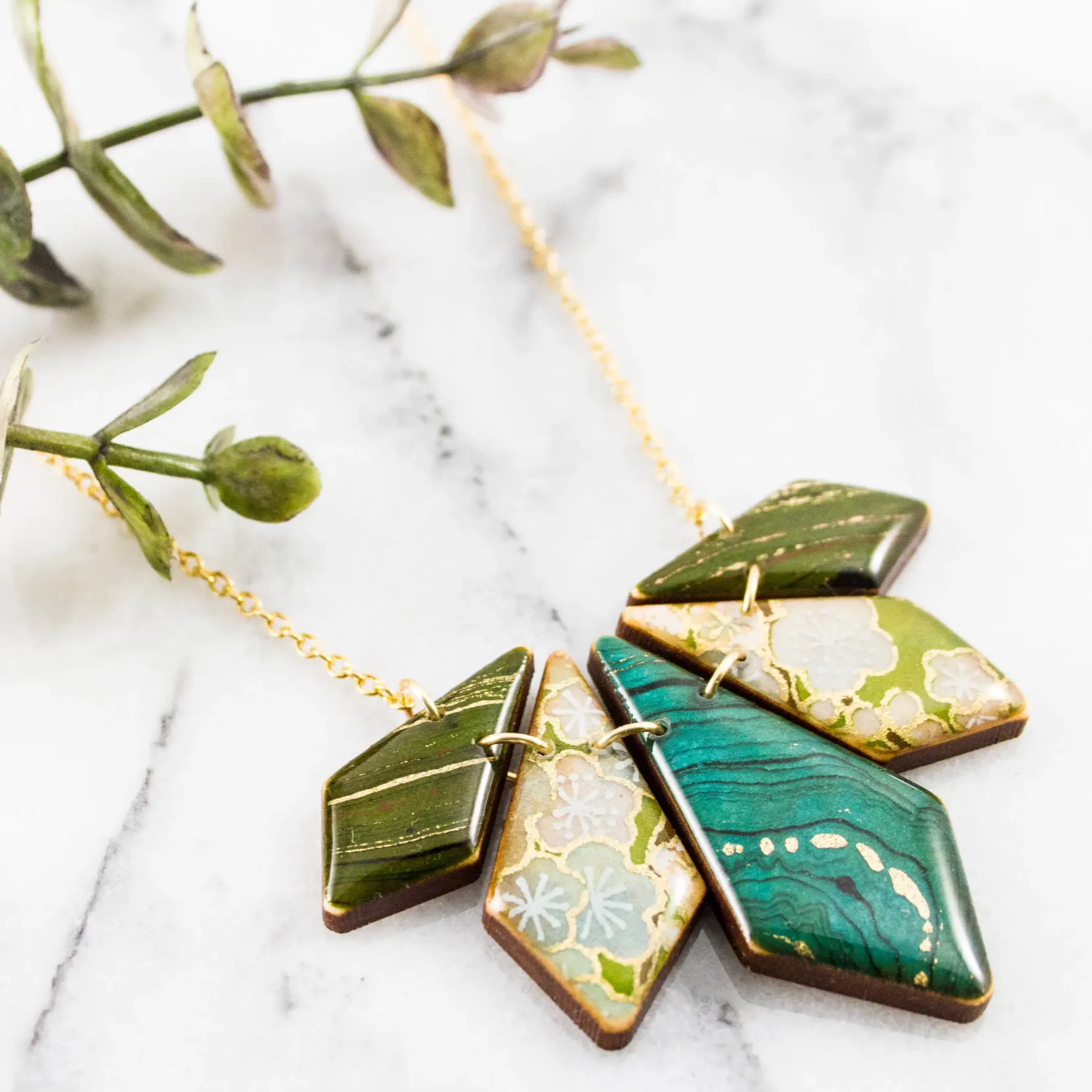 Japanese Geometric Petal Necklace - Turquoise   Green