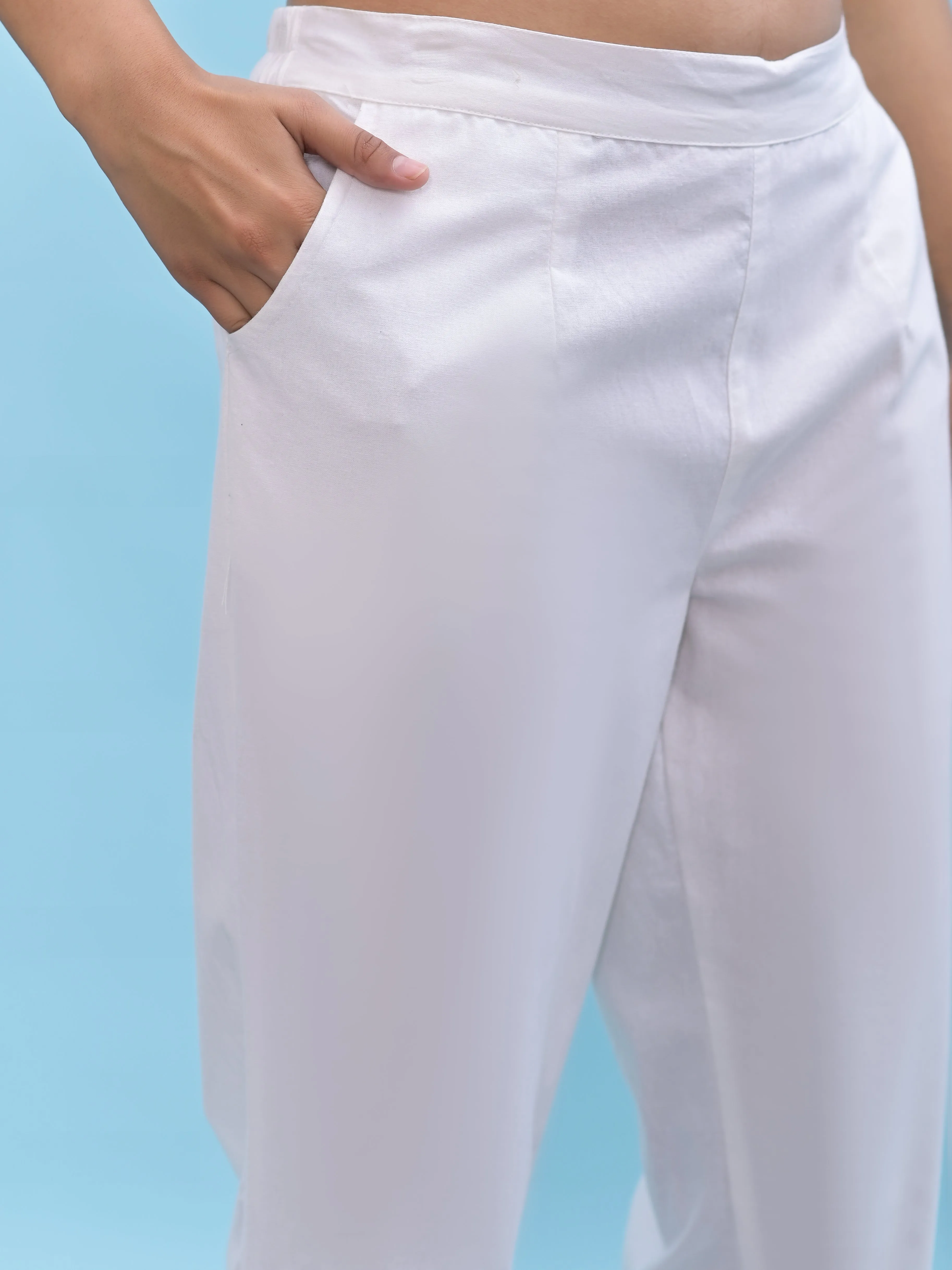 Jashvi Women White Solid Cotton Pants with Partially Elasticated Waistband and Two Side Pockets