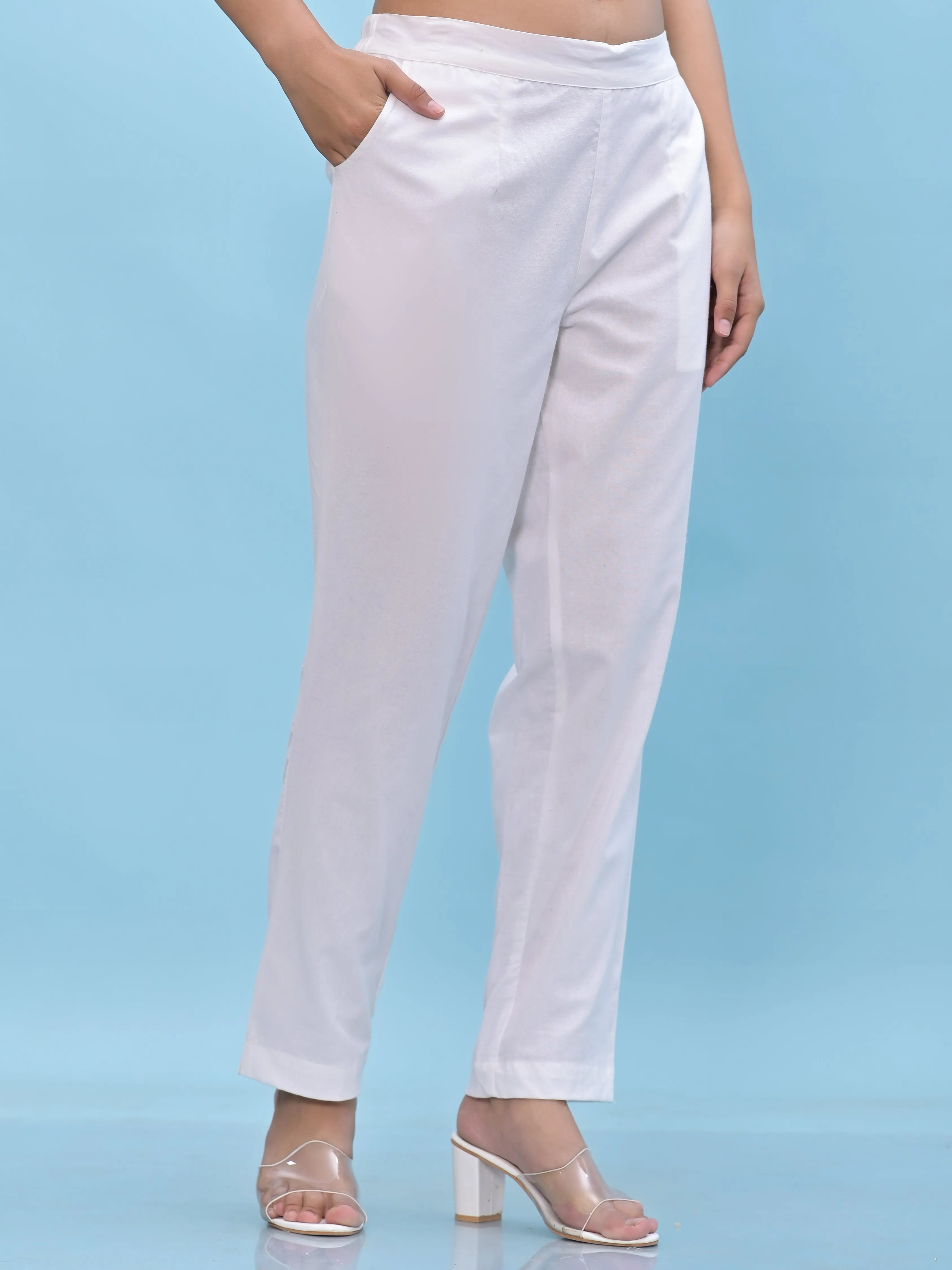 Jashvi Women White Solid Cotton Pants with Partially Elasticated Waistband and Two Side Pockets