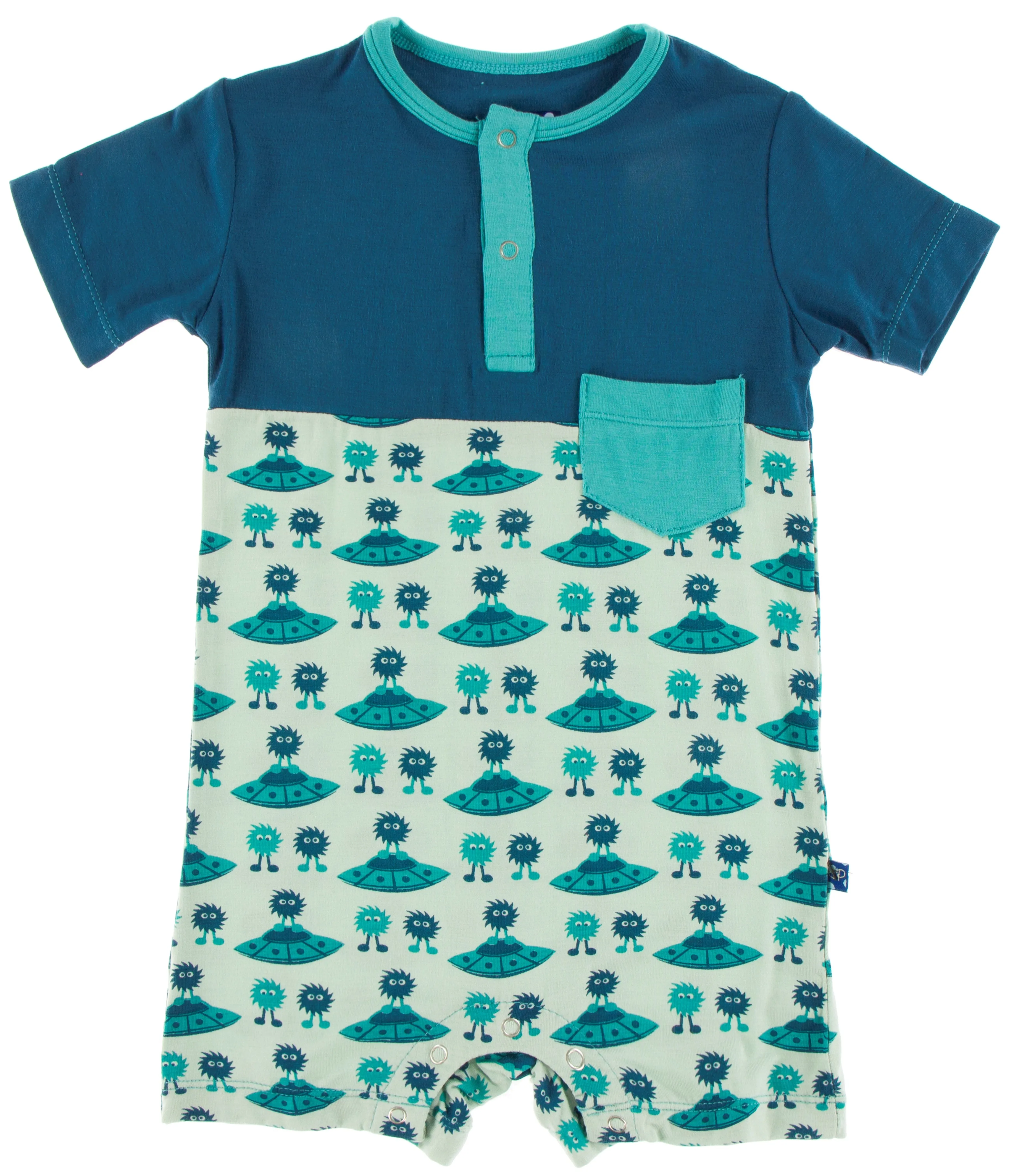 KicKee Pants Aloe Aliens with Flying Saucers Color Block Henley Romper