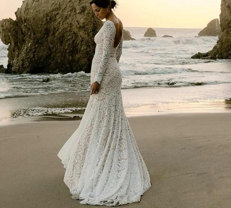 Lace Boho Long Sleeve Bridal Wedding Dress