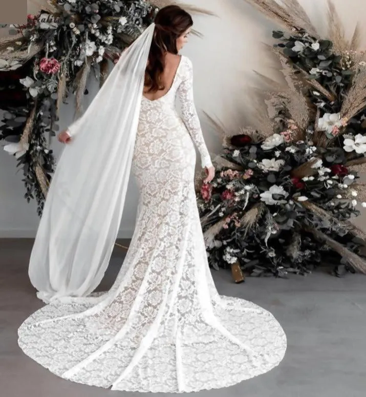 Lace Boho Long Sleeve Bridal Wedding Dress