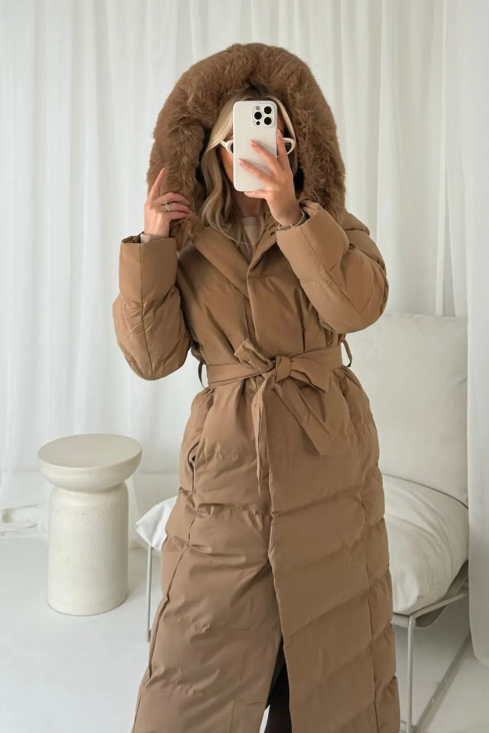 Laurena camel long padded hooded puffer coat