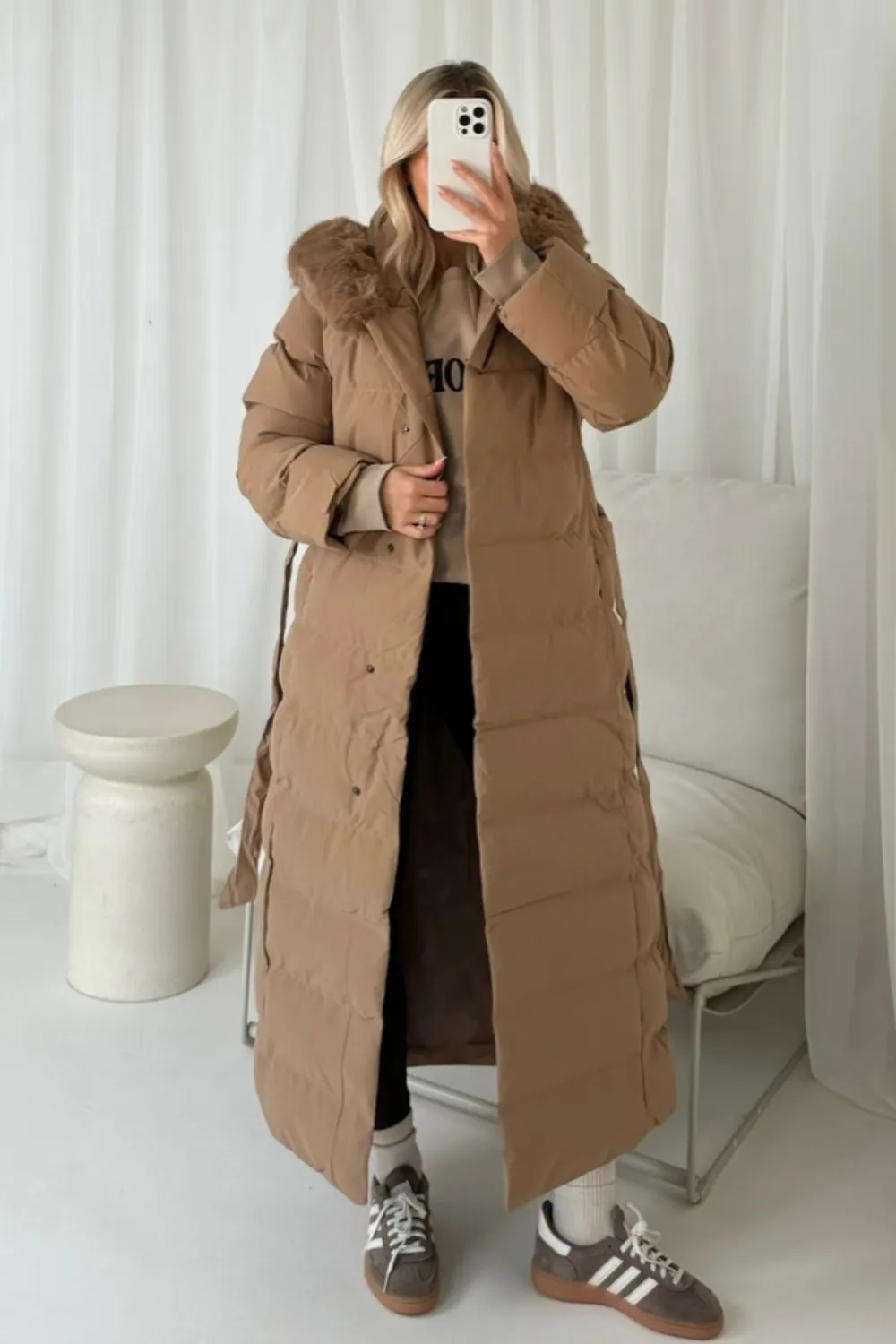 Laurena camel long padded hooded puffer coat