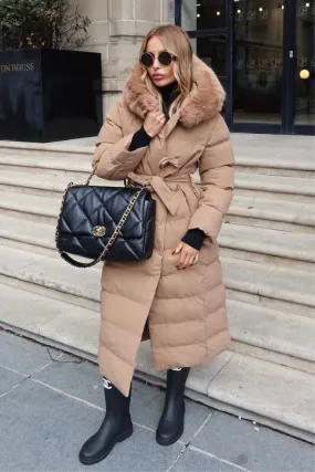 Laurena camel long padded hooded puffer coat