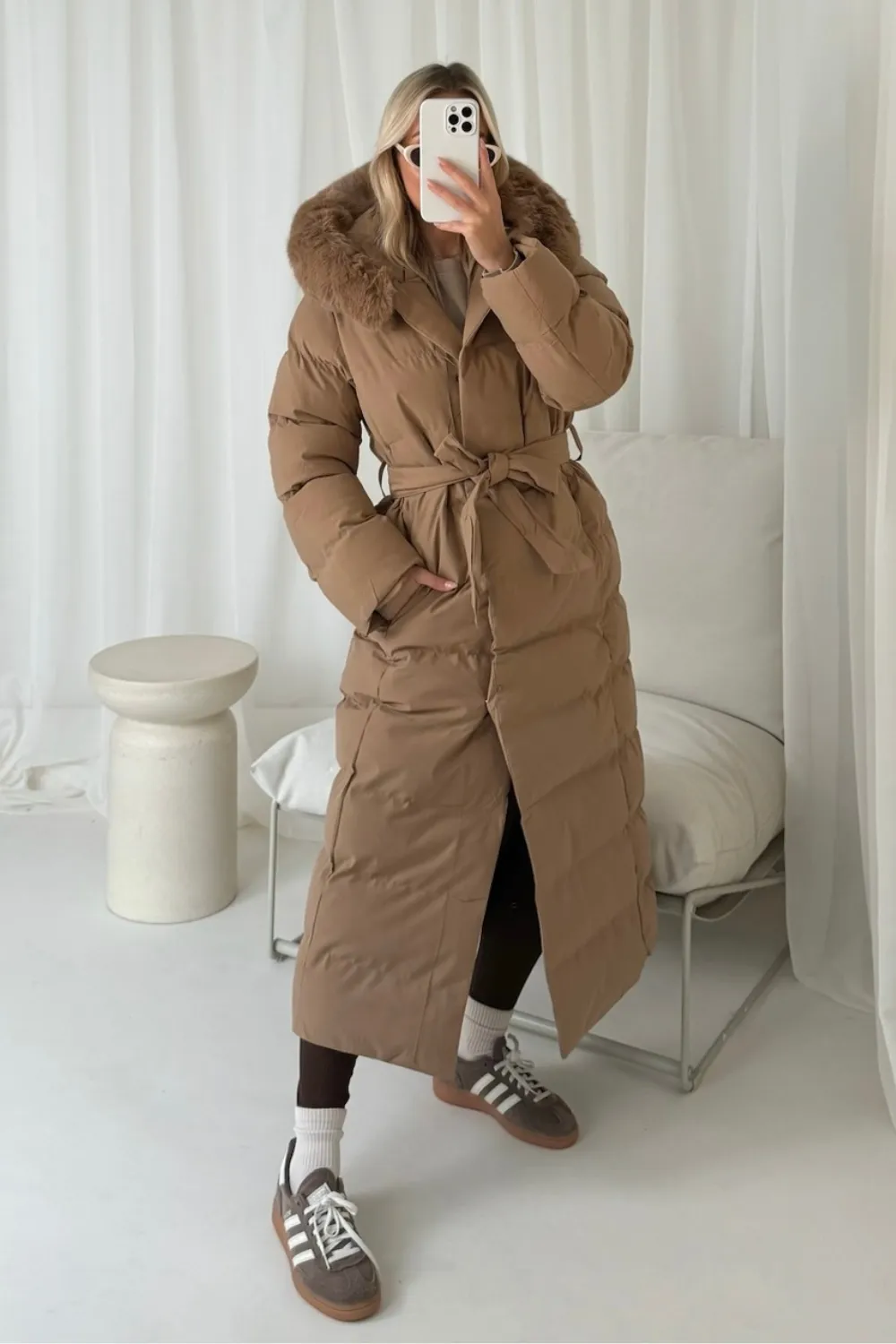 Laurena camel long padded hooded puffer coat