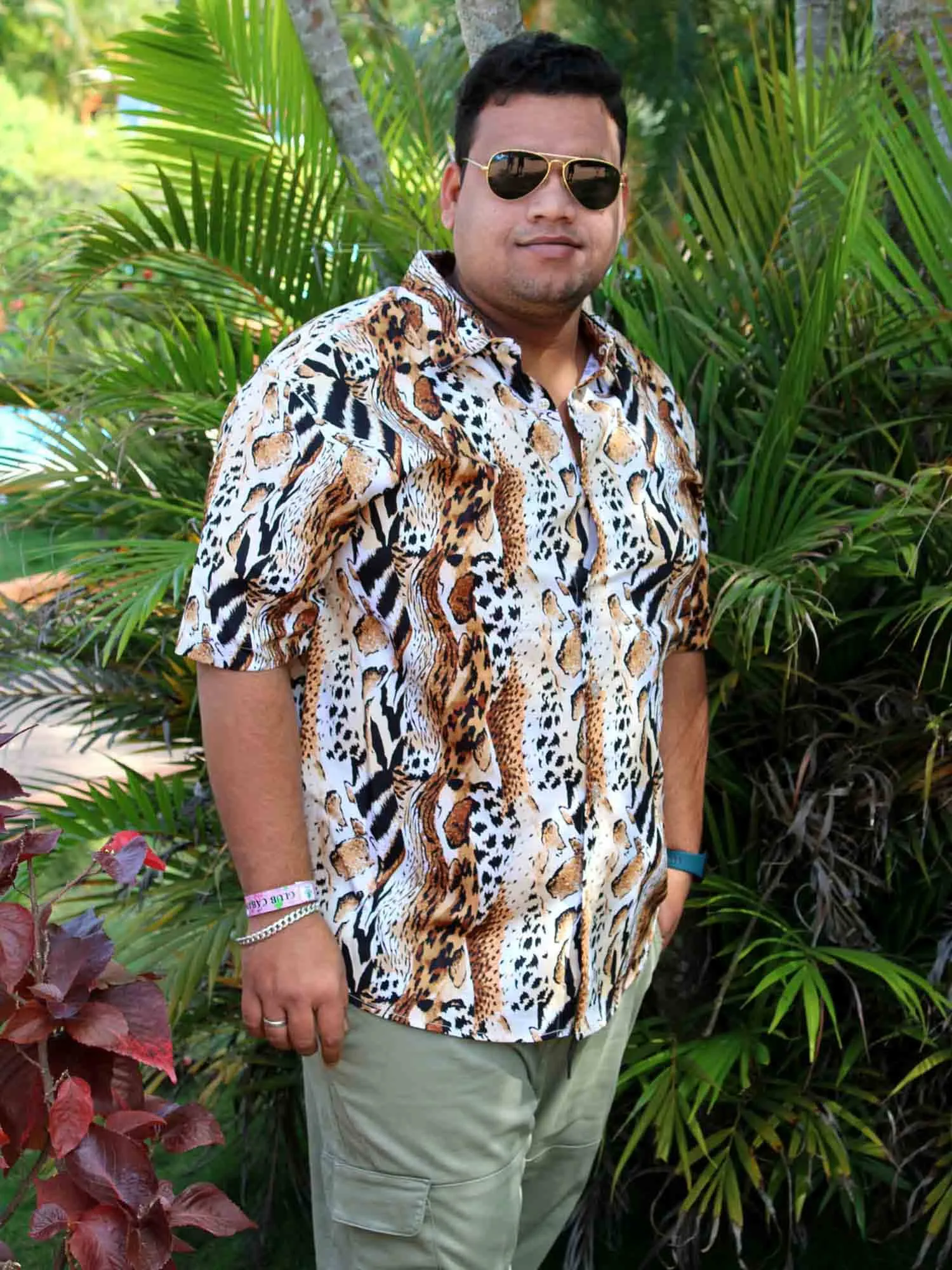 Leopard Digital Printed Half Shirt Men's Plus Size