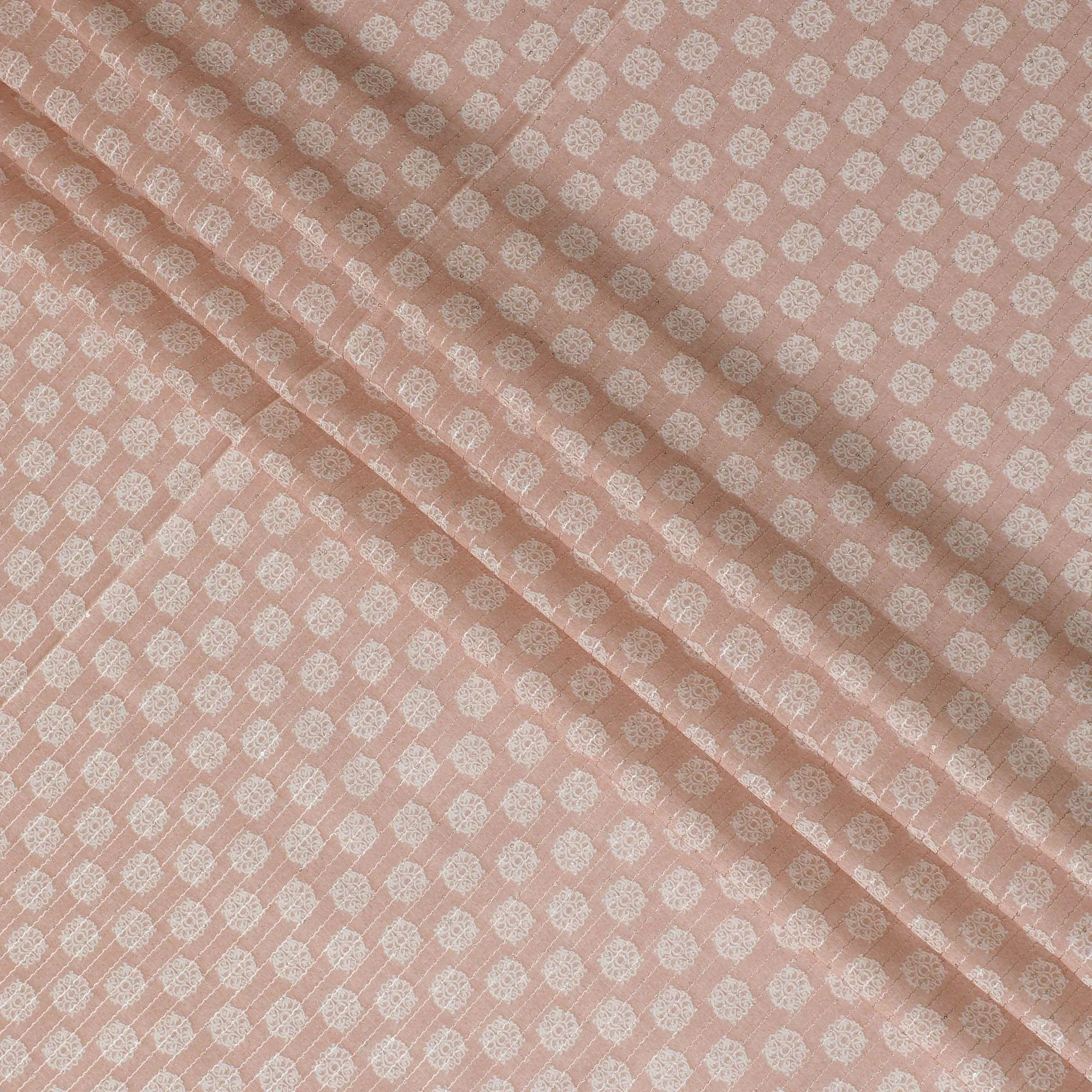 Light peach synthetic silk fabric with same tone embroidery having off white print and sequins in stripe design-D16420