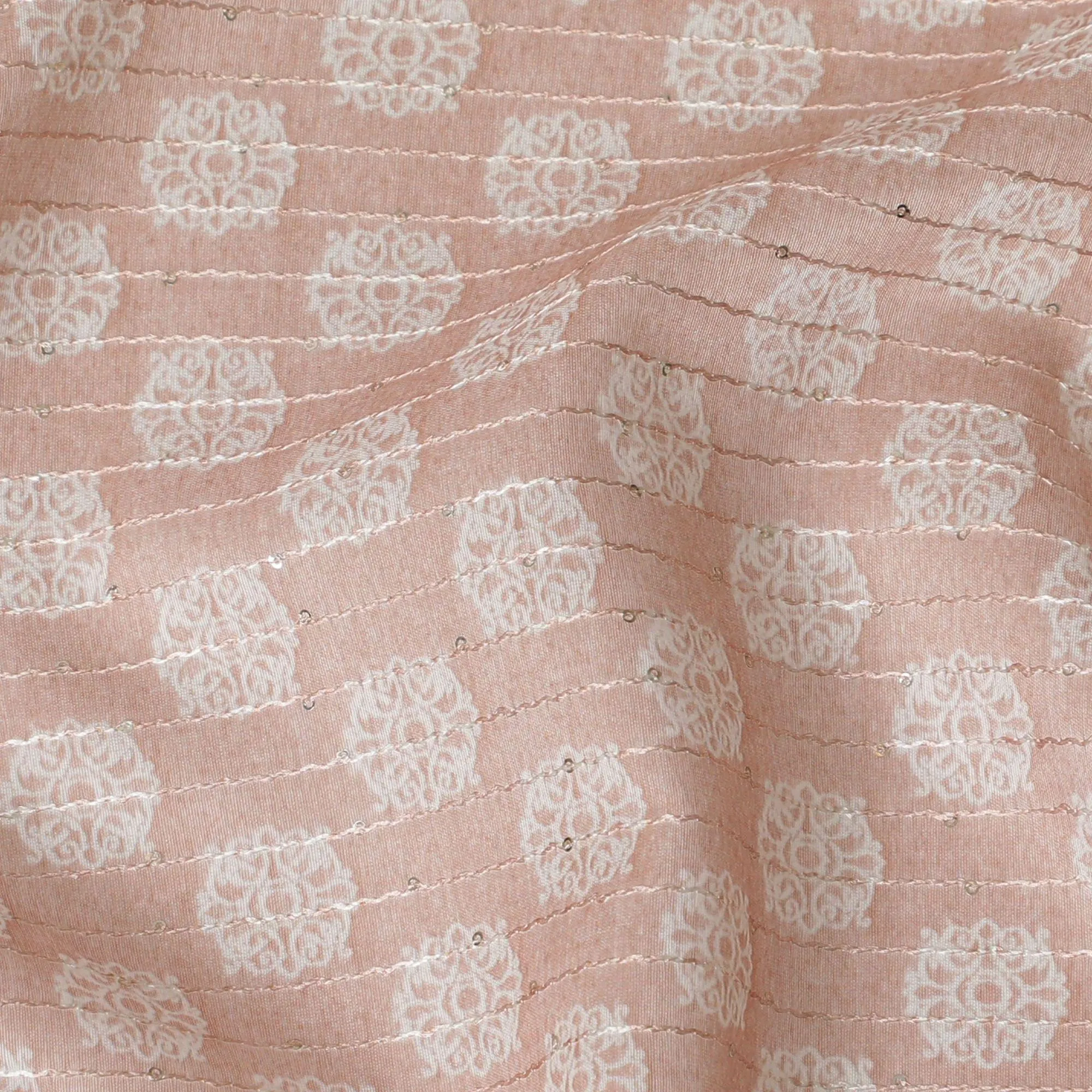 Light peach synthetic silk fabric with same tone embroidery having off white print and sequins in stripe design-D16420