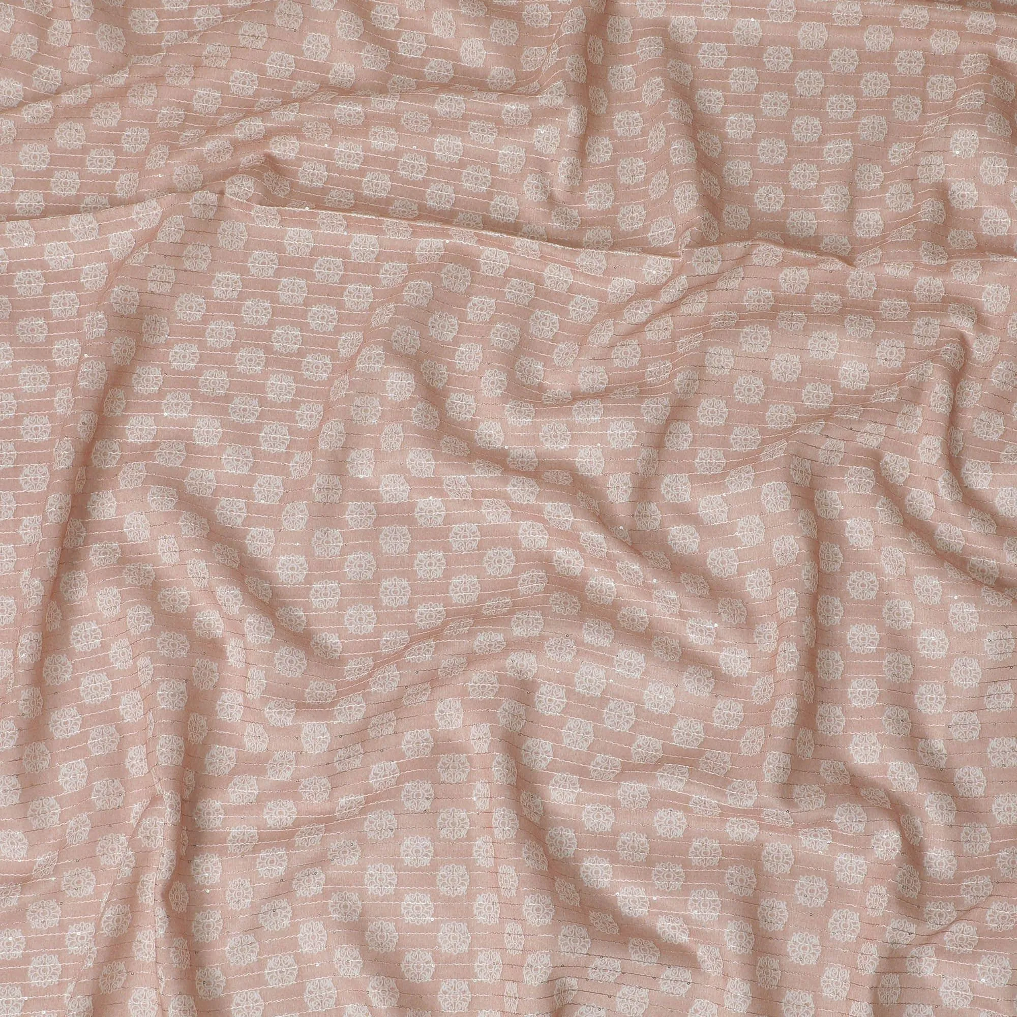 Light peach synthetic silk fabric with same tone embroidery having off white print and sequins in stripe design-D16420