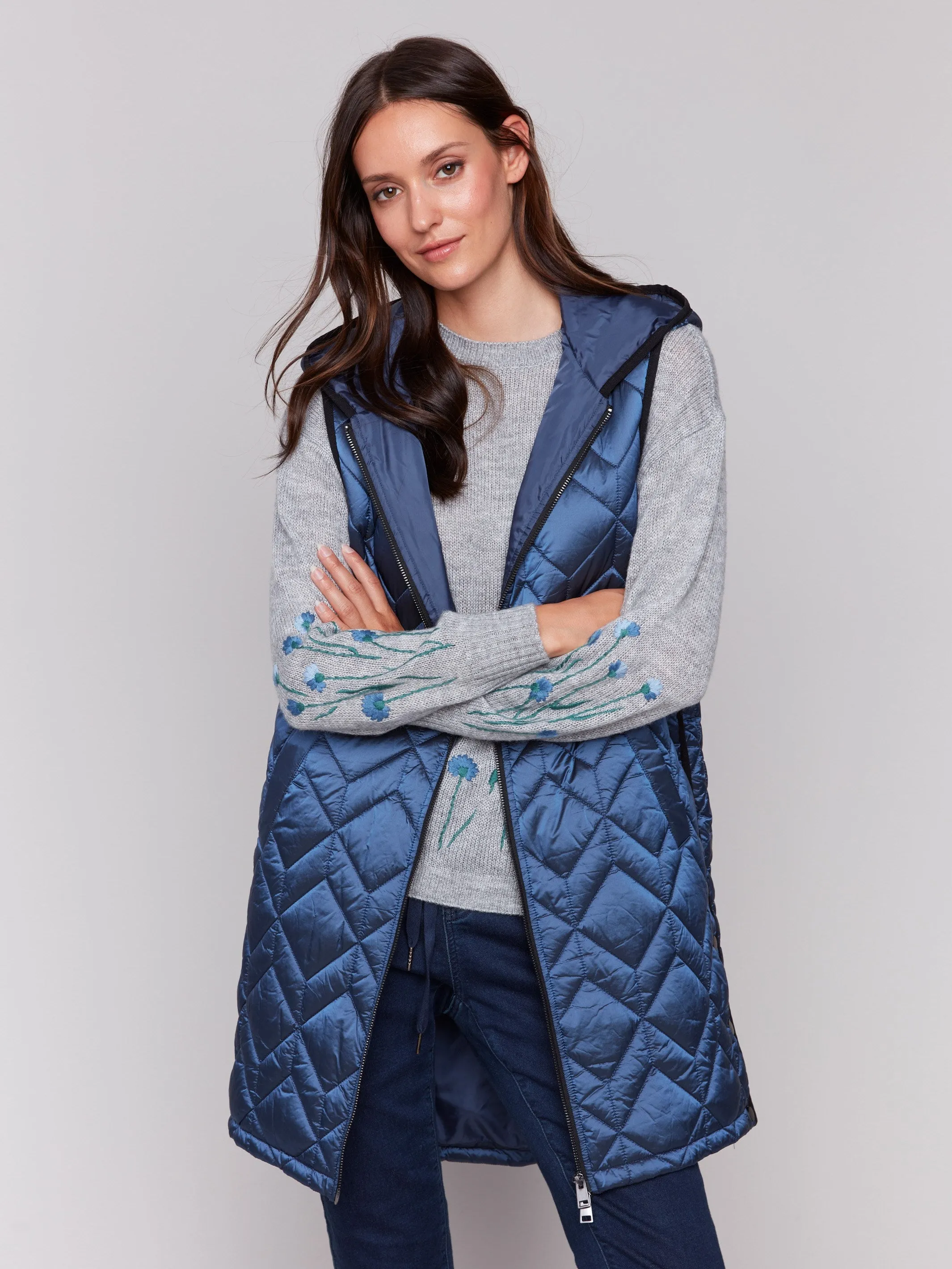 Long Quilted Puffer Vest with Hood - Glacier