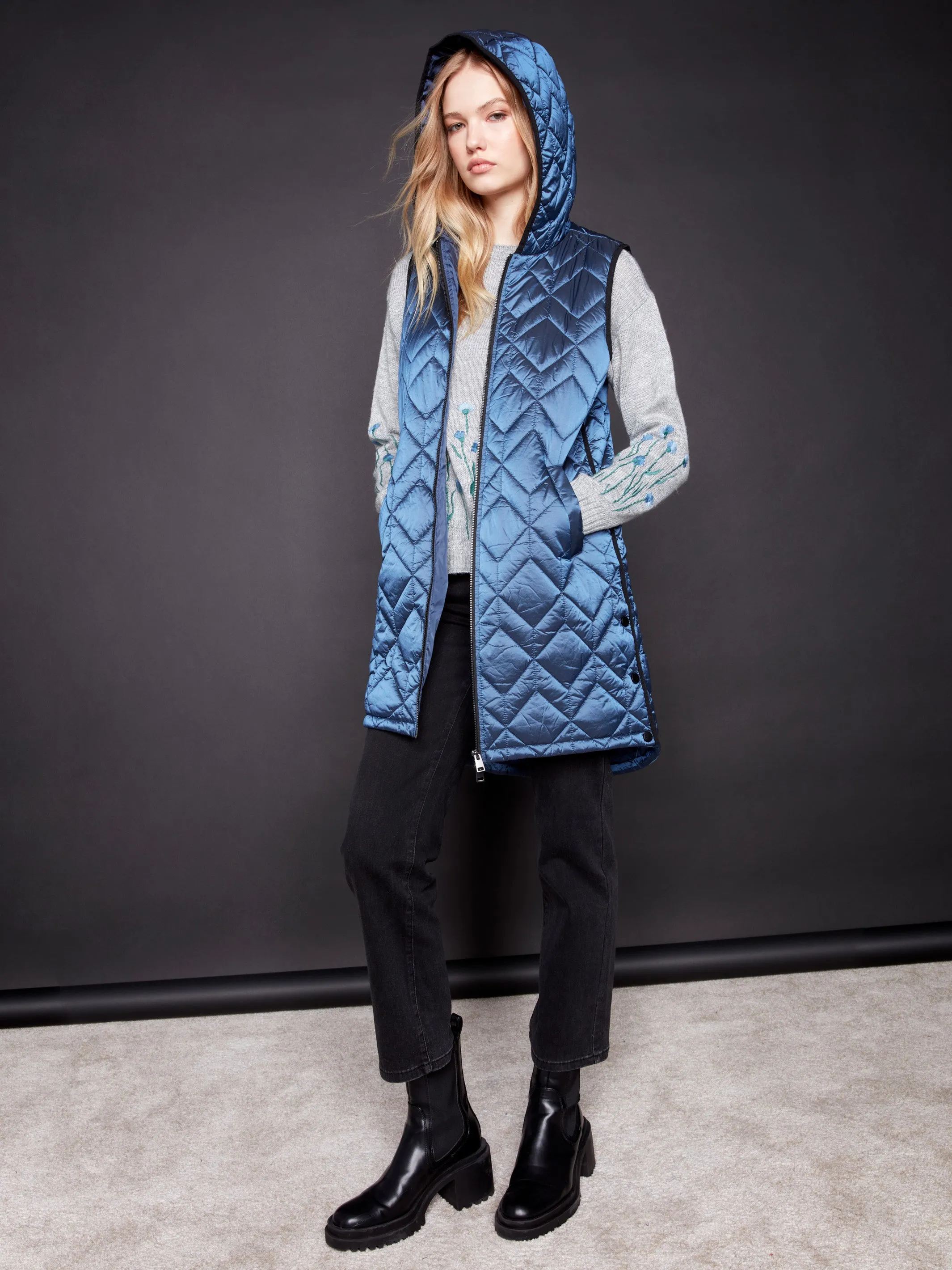 Long Quilted Puffer Vest with Hood - Glacier