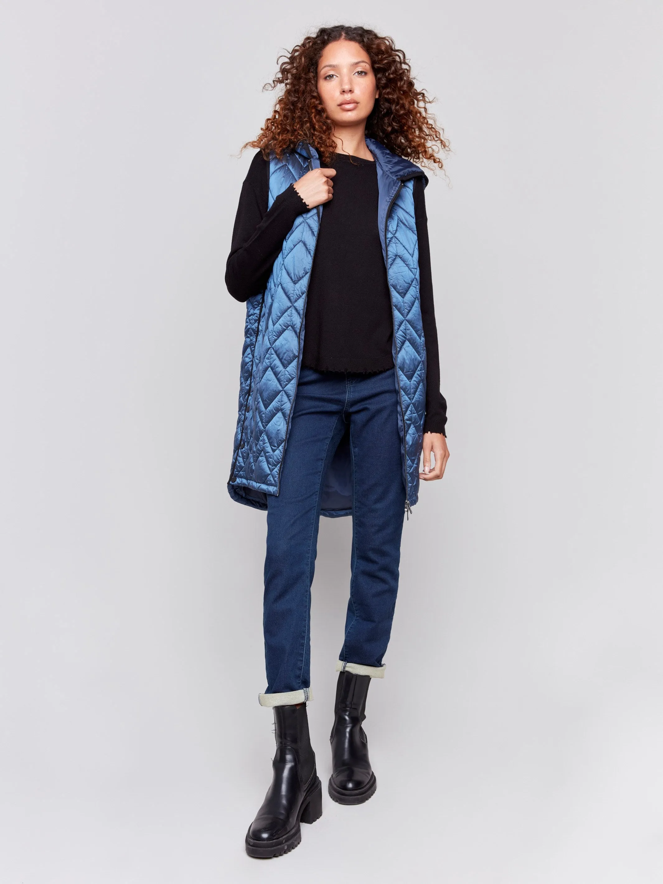 Long Quilted Puffer Vest with Hood - Glacier