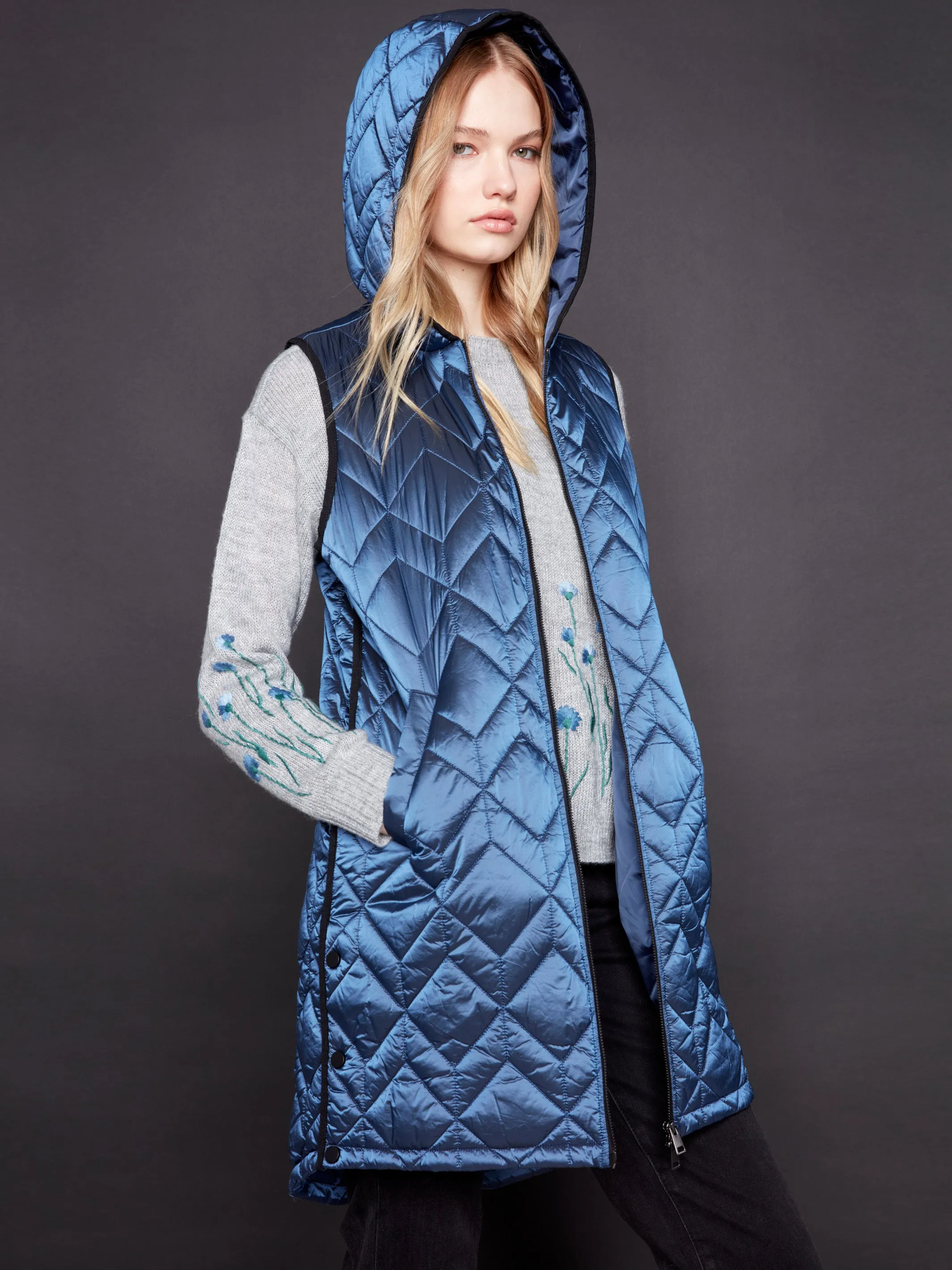 Long Quilted Puffer Vest with Hood - Glacier