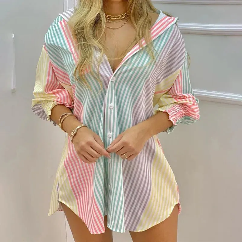 Loose Fit Button Front Striped Shirt Dress for Women