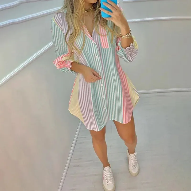 Loose Fit Button Front Striped Shirt Dress for Women