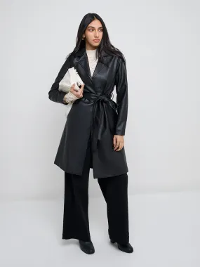 LOV Black Faux Leather Trench Coat with Belt