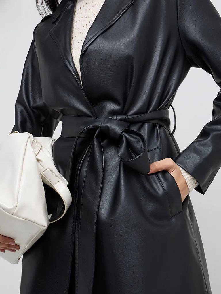 LOV Black Faux Leather Trench Coat with Belt