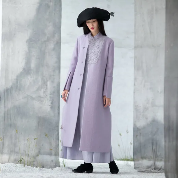 Luxury purple Woolen Coats trendy plus size side open long winter coat embroidery outwear