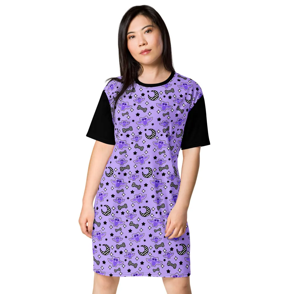 Magical Kawaii Spooky Bats Purple T-shirt dress