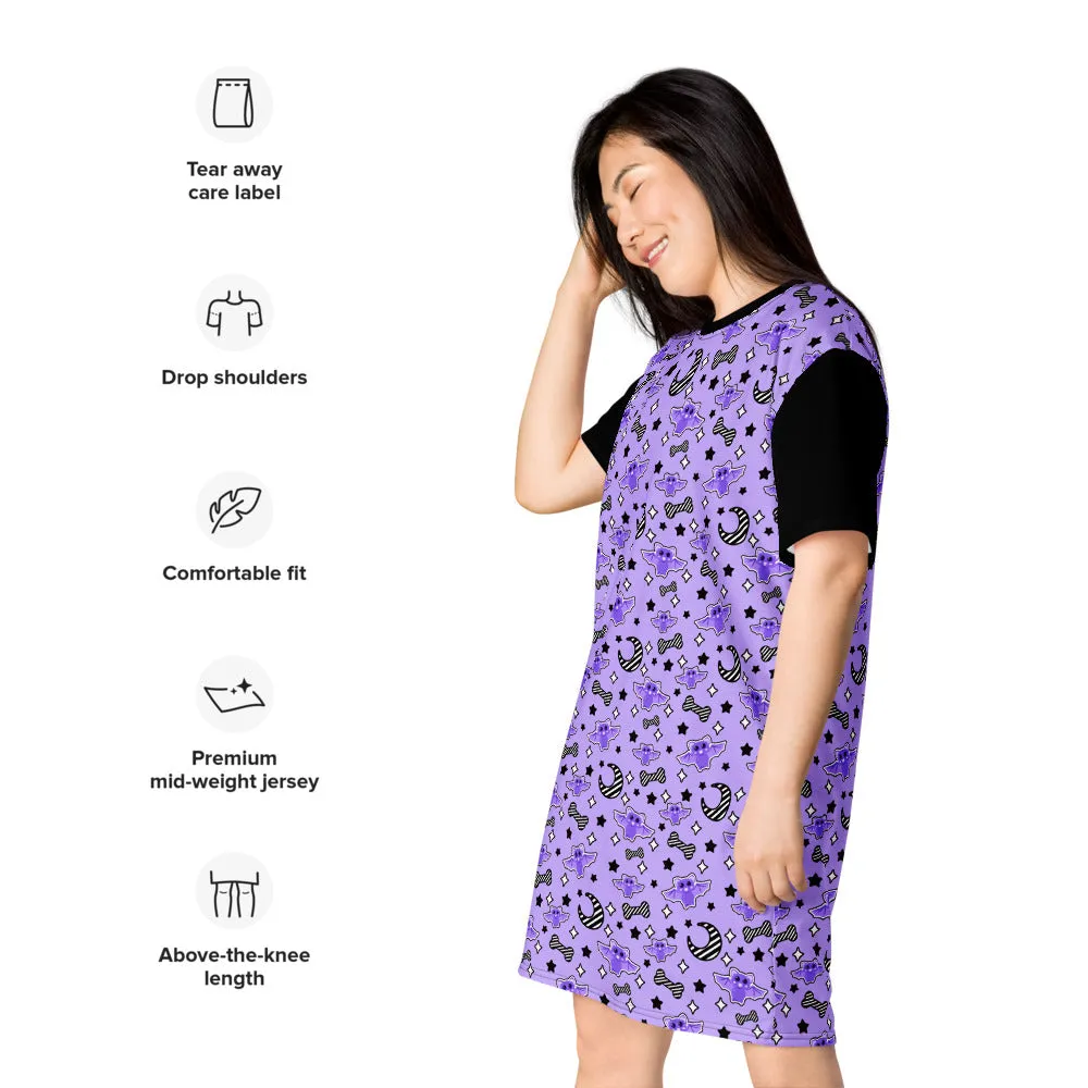 Magical Kawaii Spooky Bats Purple T-shirt dress