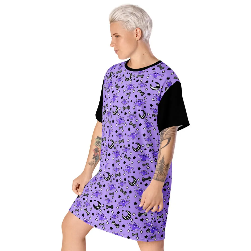 Magical Kawaii Spooky Bats Purple T-shirt dress