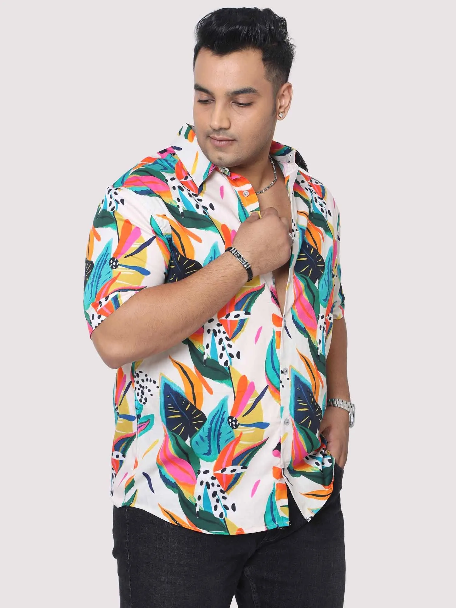 Men Plus Size Coloured Leaves Digital Printed Half Shirt