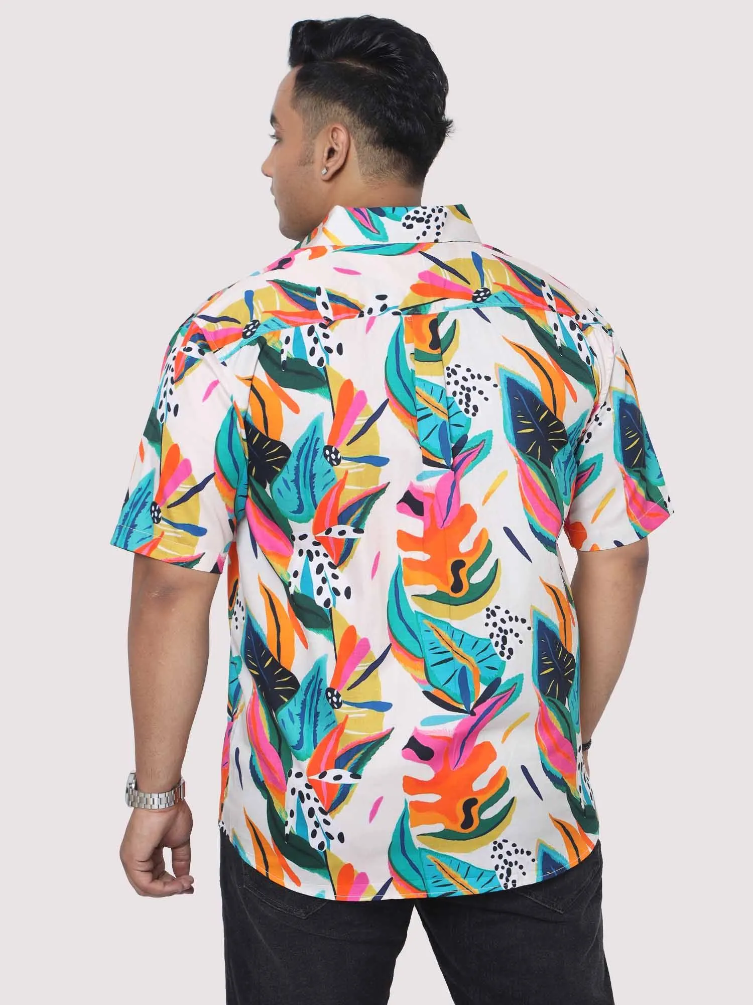 Men Plus Size Coloured Leaves Digital Printed Half Shirt