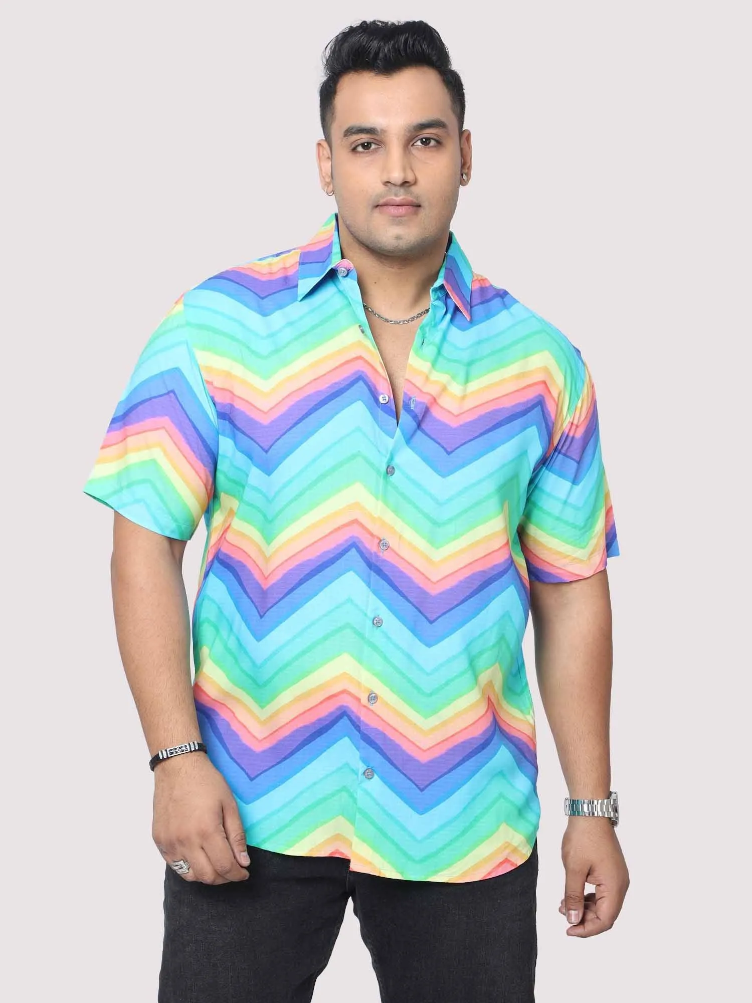 Men Plus Size Rainbow Pattern Digital Printed Half Shirt