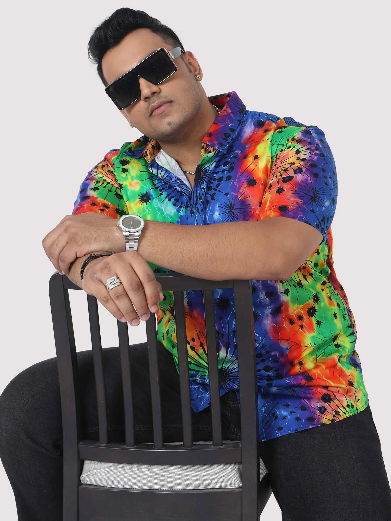 Men Plus Size Rainbow Scrunch Digital Printed Half Shirt